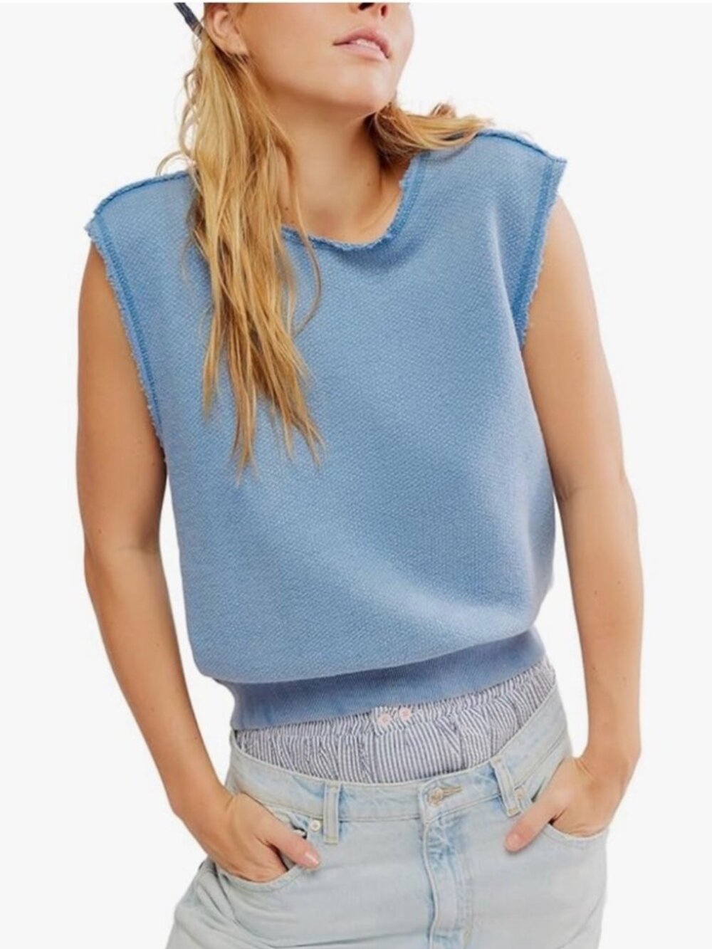 Free People So Easy Muscle Sweater Sleeveless Boho Comfy Cozy in Blue Heron L